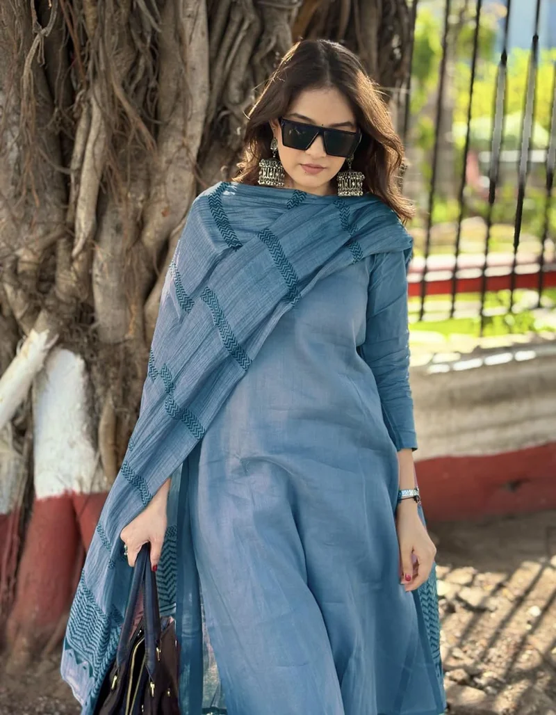 GoSriKi Light Blue GoSriKi Women's Rayon Blend Straight Solid Kurta with Pant & Dupatta (Raja Saab Light Blue-VKS01-GS_L_Light Blue_Large) for Women | Best Price UAE